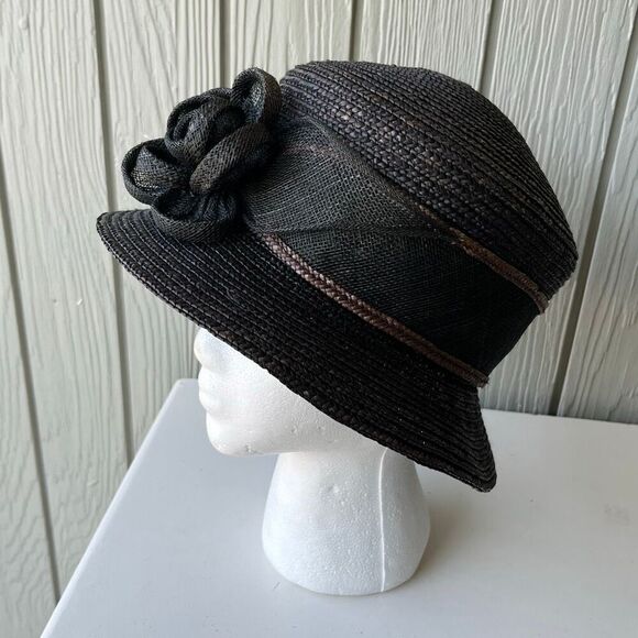 Betmar New York Black Straw Hat Wide Brim Rose Accent Church Derby Tea - Picture 8 of 13